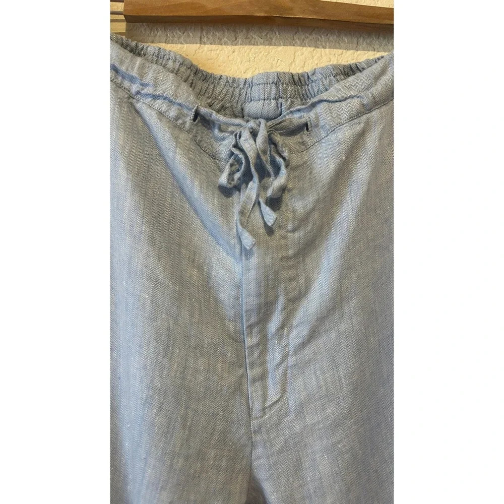 Mens Organic Linen Jogger Pants Size XL Light Blue Herringbone Drawstring Beach
